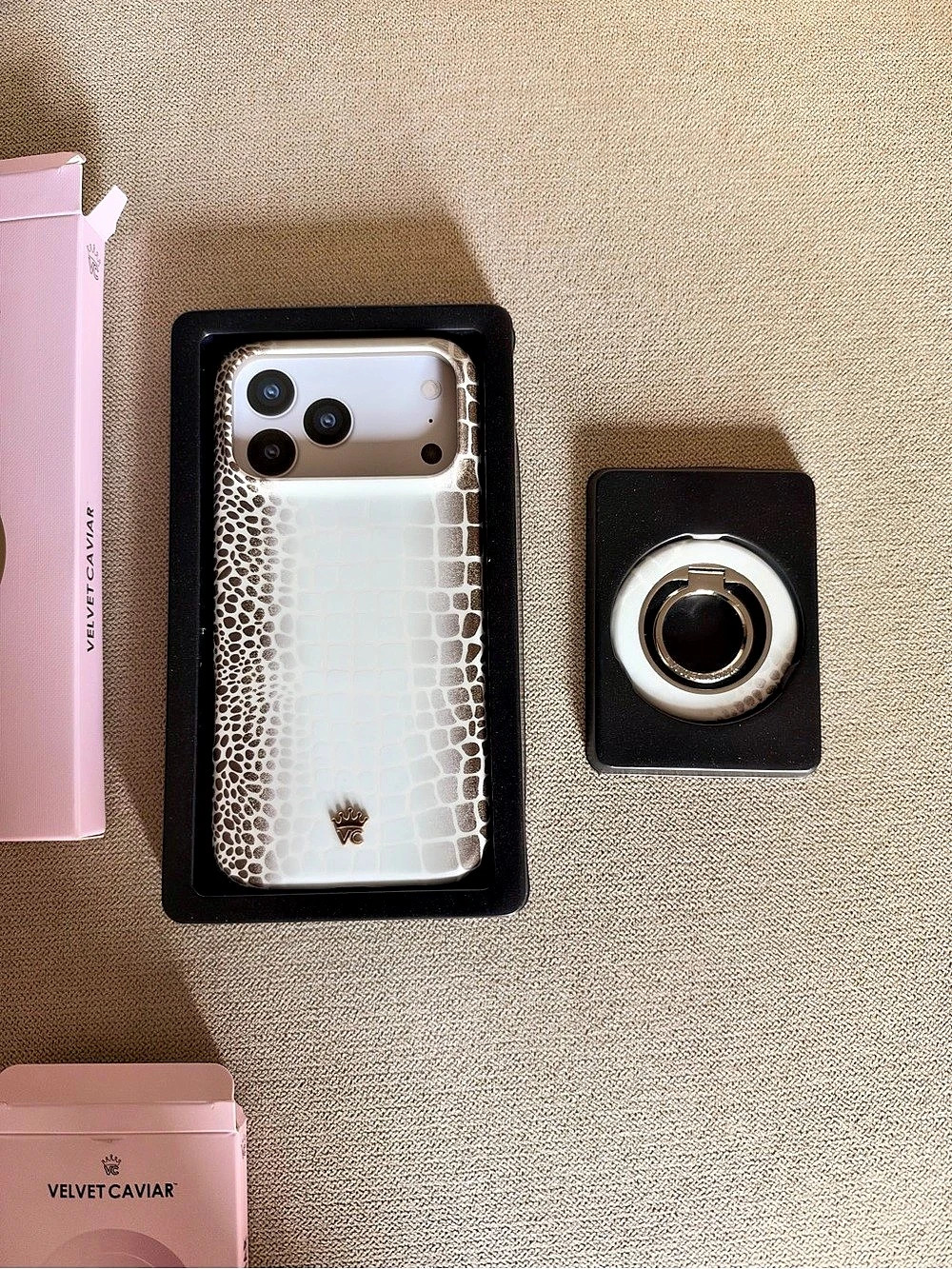 Velvet Caviar White Croc iPhone Case & MagSafe Phone Grip White & Black